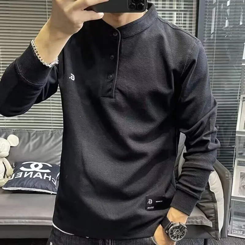 Men's 2023 Spring and Autumn New Korean Edition Solid Color Long Sleeve Stand Collar Printed Embroided Pullover Hoodie Slim Tops