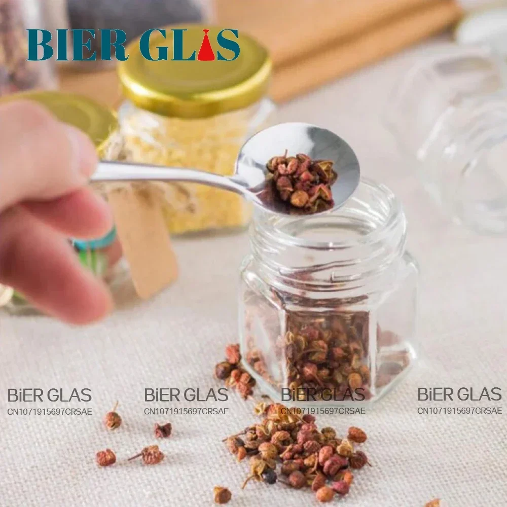 45ml Mini Hexagonal Glass Jars and Lids Glod Cap Split Bottle Small Containers Party Favors Set in Bulk for Guests for Jam Candy 4