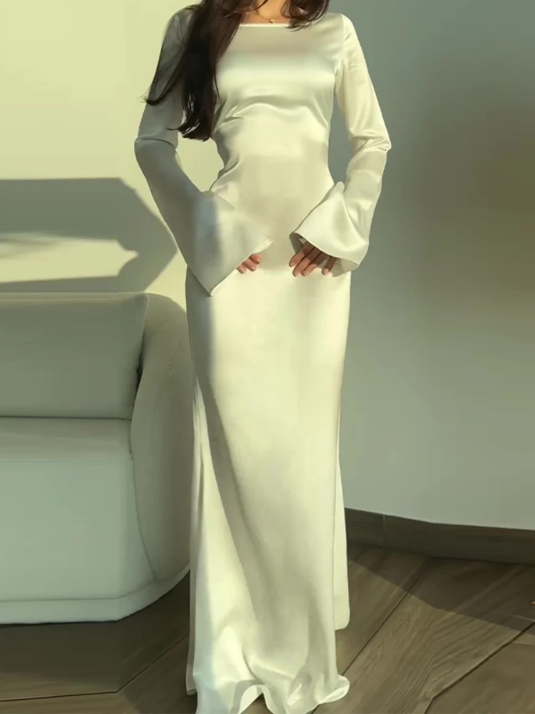 

Womens Dresses 2024 New Long Dresses Fashion Simple Round Neck Satin Flare Sleeve Lace Up Slim Evening Party Dresses Sexy Dress