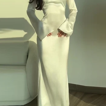 여성용 심플 라운드넥 새틴 플레어 슬리브 레이스업 슬림 이브닝 파티 드레스, 섹시한 원피스, 2024 신상 롱 드레스, 패션