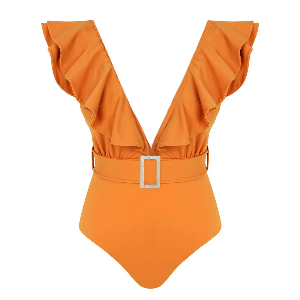 

CPUTAN 2023 New Sexy Ruffle One Piece Swimsuit Summer Women Vintage Solid Deep V Neck Monokini Beachwear Brazilian Bathing Suit