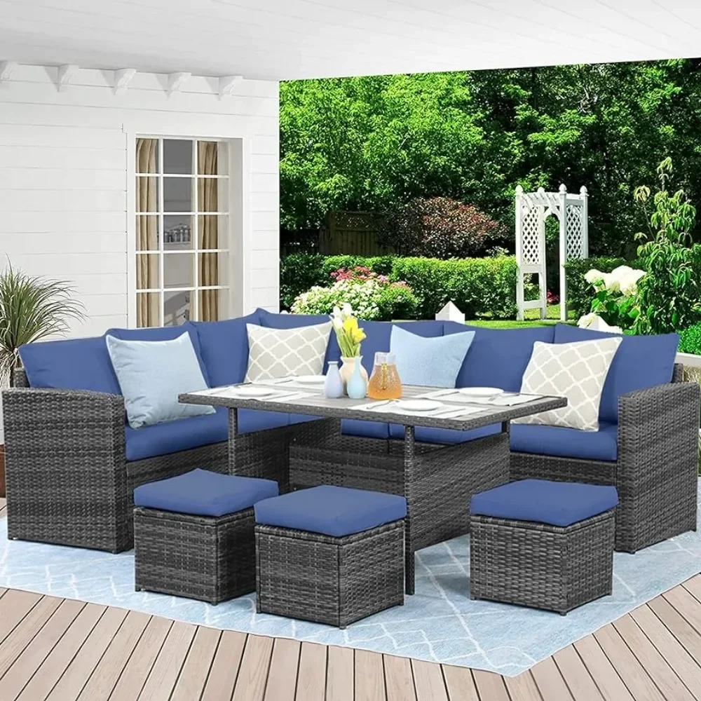 Outdoor Terrace Furniture Set, 7-piece Set of Outdoor Dining Area Sofa with Dining Table and Chair