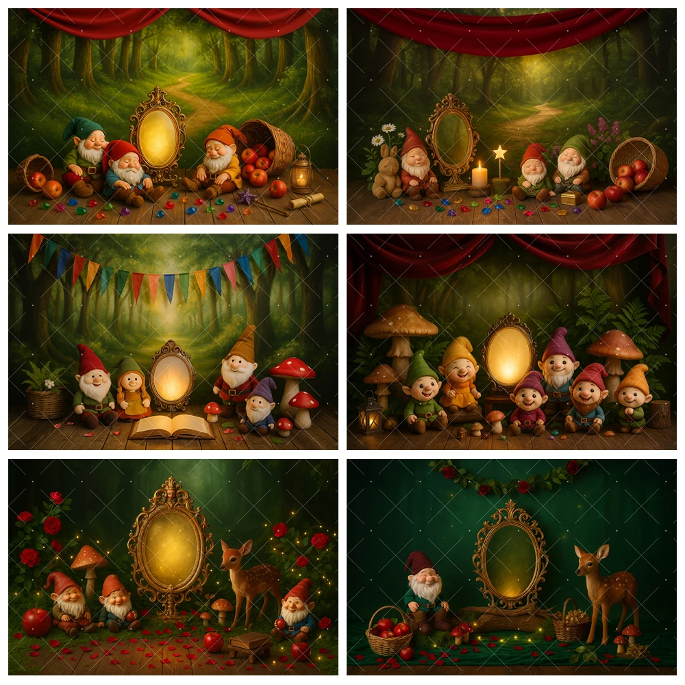 สีเขียวป่าการถ่ายภาพพื้นหลังที่กําหนดเอง Seven Dwarf Snow White Magic Mirror ฉากหลังวันเกิด Stage Baby Shower Photo Props 1