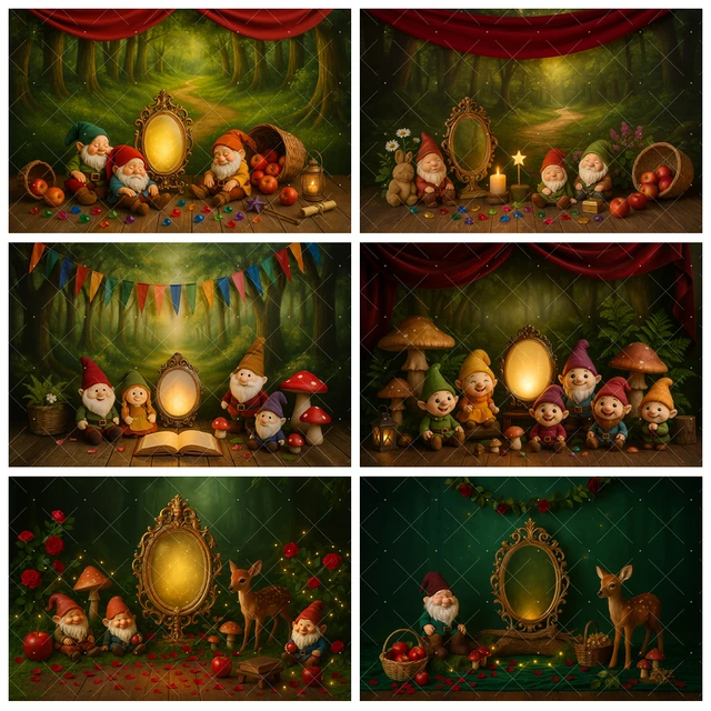 สีเขียวป่าการถ่ายภาพพื้นหลังที่กําหนดเอง Seven Dwarf Snow White Magic Mirror ฉากหลังวันเกิด Stage Baby Shower Photo Props 1