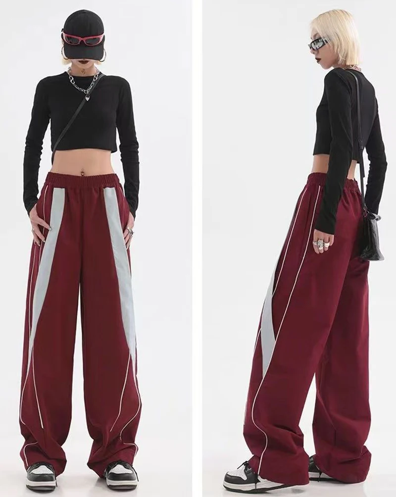 Striped Sweatpants  Women’s Y2K Joggers Womens Streetwear Patchwork Wide Leg Cargo Pants Harajuku Hip Hop Oversized Casual Sports Fitness Plus size Trousers for Woman in Burgundy red gray grey stripe