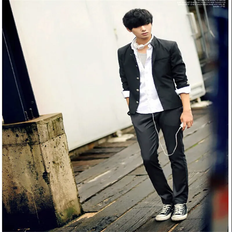 Mens Blazer Men Black Slim Tunic Jacket Single Breasted Blazer Japanese School Uniform College Coat mens blazer