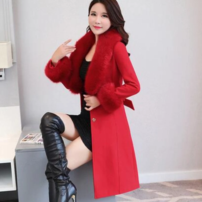 2023 Winter New Women Temperament V-neck Long Woolen Overcoat Female Fashion Solid Color Casual Detachable Fur Collar Outwear