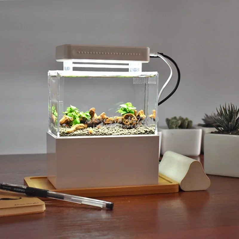 Mini Betta Fish Tank Desktop Portable Aquaponic Aquarium Fish Bowl With Water Fliter LED Light USB Air Pump Portable Decoration