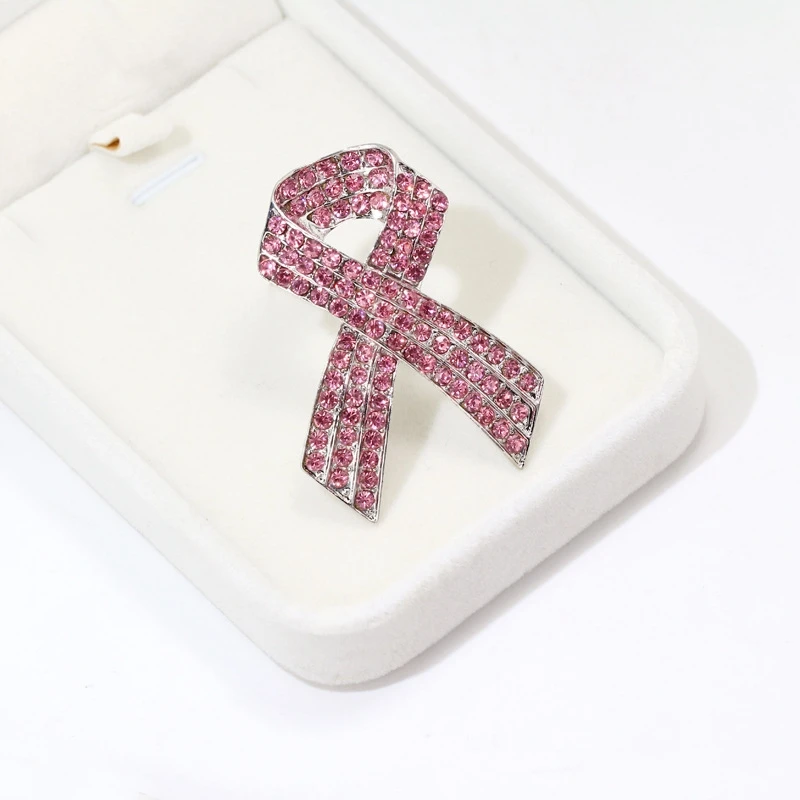 Zeshimb Pink Rhinestone Ribbon Brooch - Breast Cancer Awareness Pin, Full Diamond Lapel Pin For Support & Survivors