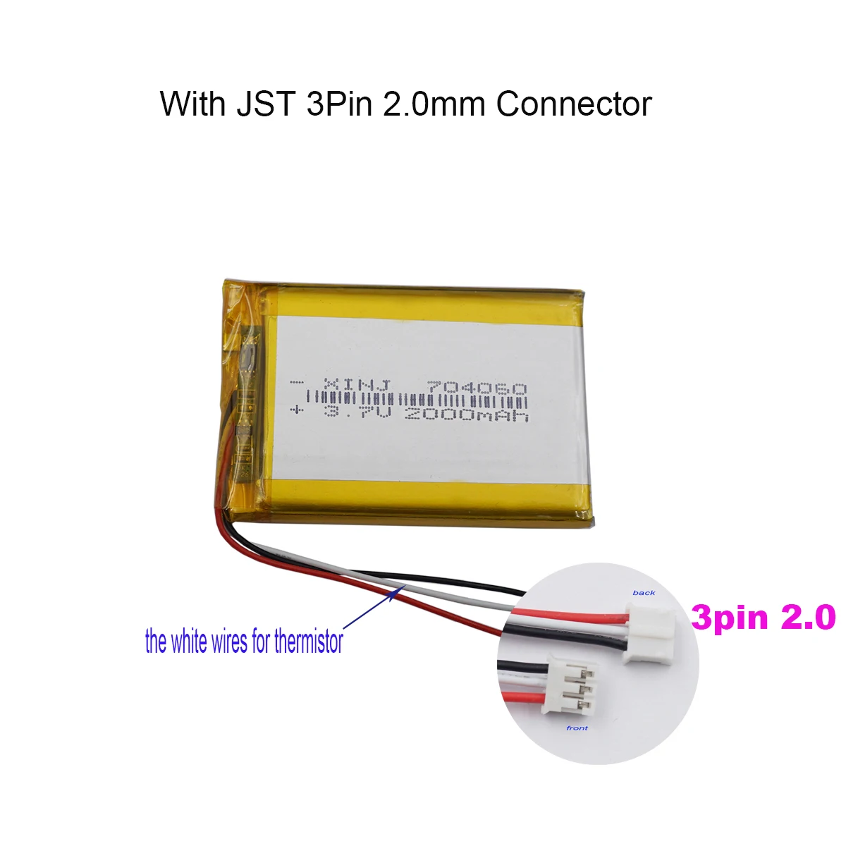 

3.7V 2000mAh 7.4Wh 704060 JST 3Pin 2.0mm Connector 3 Wires Thermistor Rechargeable Li Polymer Battery For GPS Mini Boom Speaker