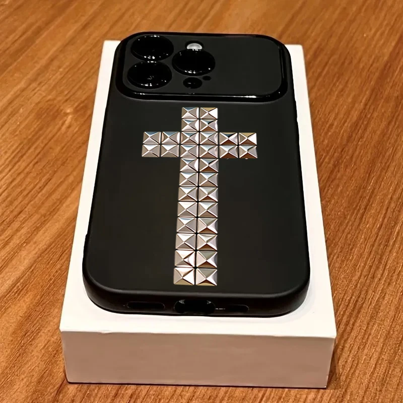 Rivet Cross Shockproof Black Matte Phone Case with Large Window