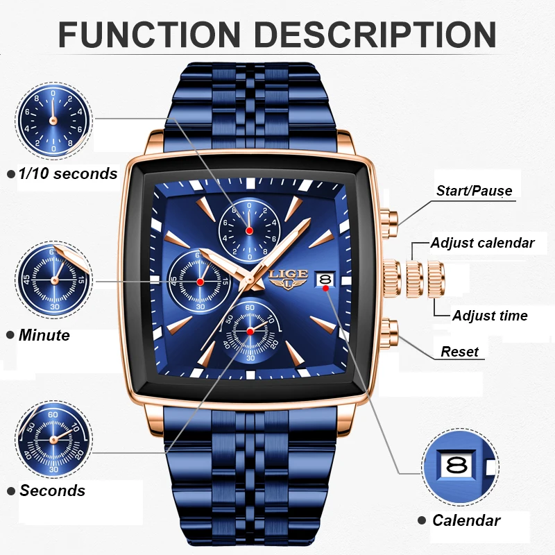 LIGE Waterproof Watch For Men Casual Sports Luminous Men's Quartz Wristwatches Stainless Steel Square Chronograph Reloj Hombre