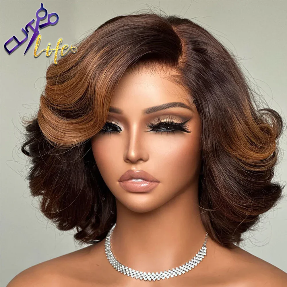 Glueless Side Part Layered Fluffy Bob Human Hair Wig Brown Highlight Wear to Go 5x7 Pre-Cut Lace Closure Remy Short Wave Wig