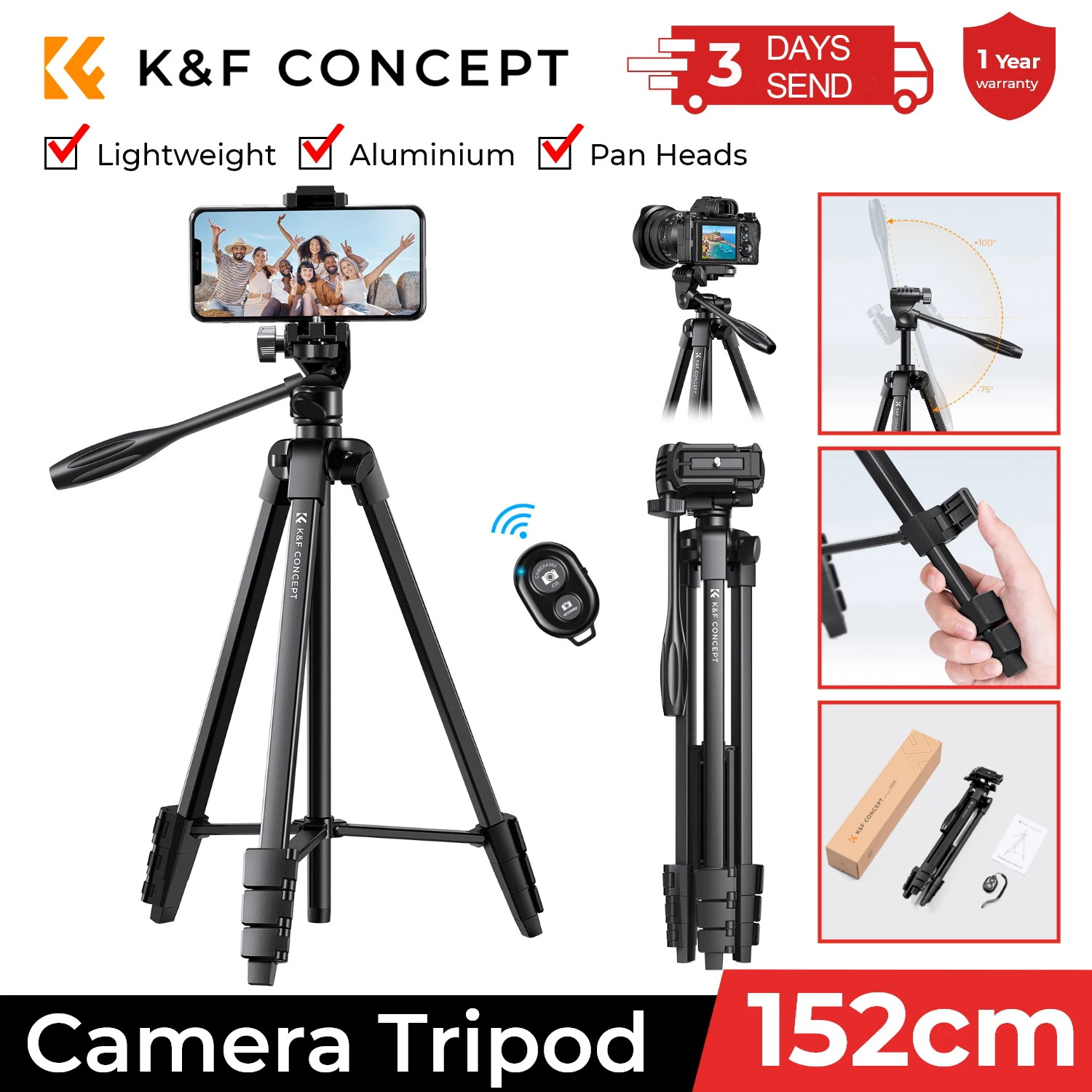 K&F Concept 59.4''/1.5 m Aluminum Lightweight Tripod with Bluetooth Remote Portable Tripode Stand 360&deg; Ball Head for Camera DSLR
