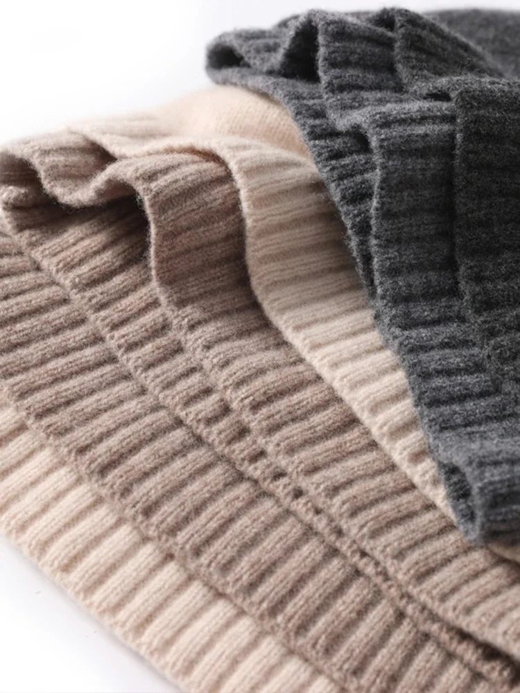 100% Wool Knit Caps New Fashion Double Layer Hem Deco Unisex Beanies Pure Wool Warm Hat Soft Cozy Spring Outdoor Casual 6