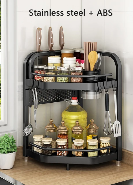  Organizador de encimera de cocina, estante esquinero,  organizador de especias de cocina, 2 niveles, estante de almacenamiento de  espacio para cocina, baño, sala de estar (color marrón corto) : Hogar y