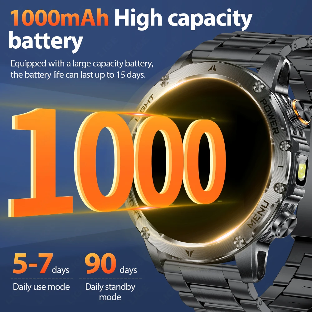 LIGE Military Smart Watch Men 3ATM Waterproof 1.7" HD Screen LED Flashlight 1000mAh Battery Heart Rate Sport BT Call Smartwatch