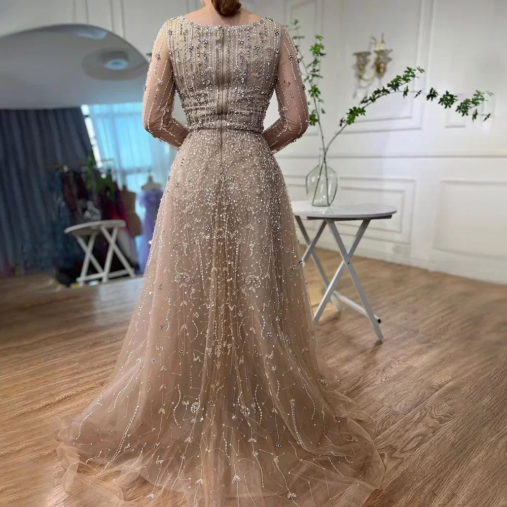 Wasisi Dubai Arabic Nude Designer Luxury Beaded Evening Dresses Customized 2025 Long Sleeves Gowns Wedding Party ELA72088 5