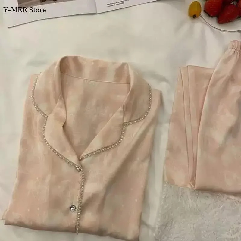 طقم بيجامة نسائية ازرق دانتيل كم طويل