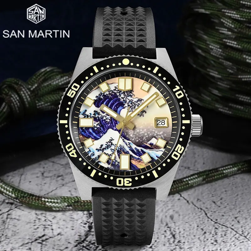 

San Martin Luxury Men Watch 62MAS Dive Kanagawa Surfing Dial NH35 Automatic Mechanical Date 20Bar Full Luminous FKM Rubber Strap