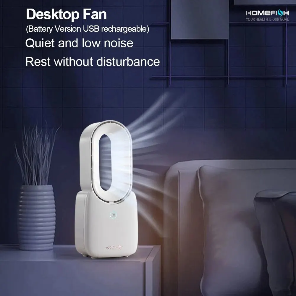 HOMEFISH 조용한 테이블 선풍기 블레이드리스 냉각 선풍기, 4 단 USB 충전식 공기 냉각기 선풍기, 2200mAh 선풍기, 침실 사무실용 F1