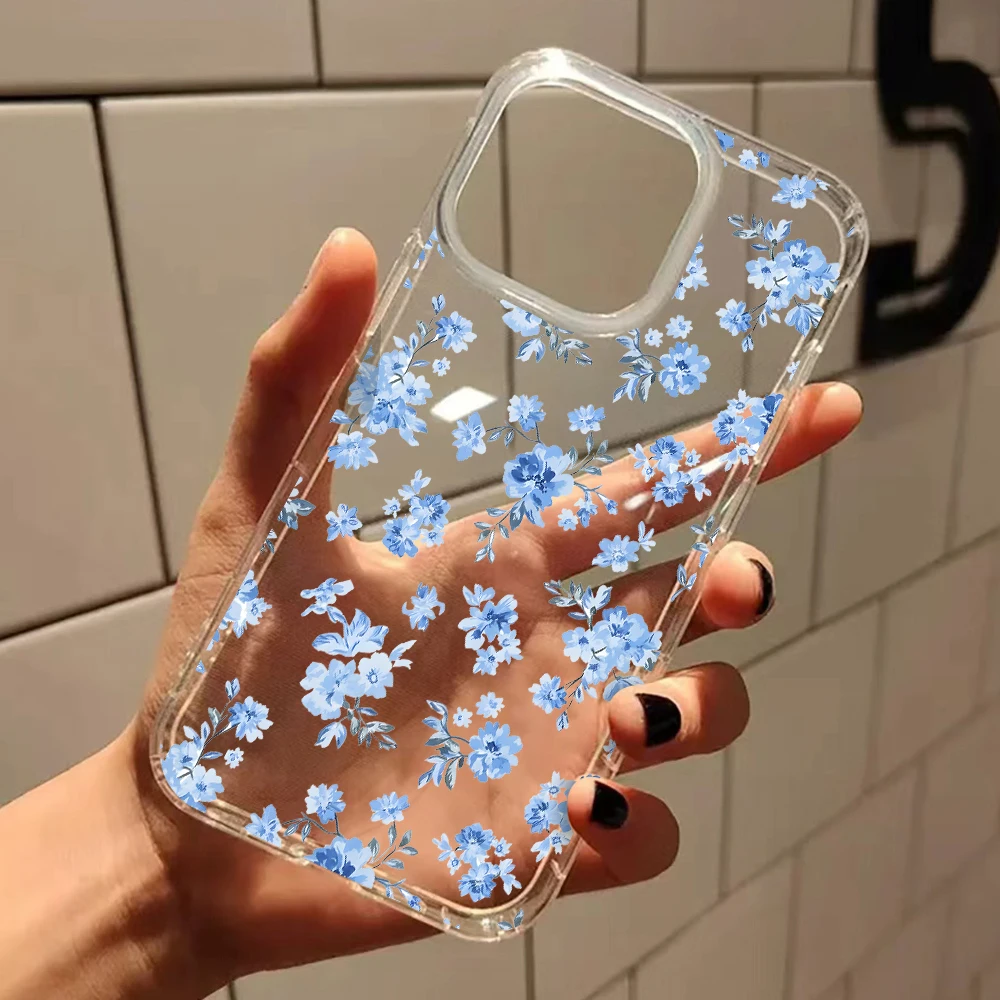 Fresh Blue Floral Pattern Clear Silicone Phone Case - Soft Cover with Elegant Design