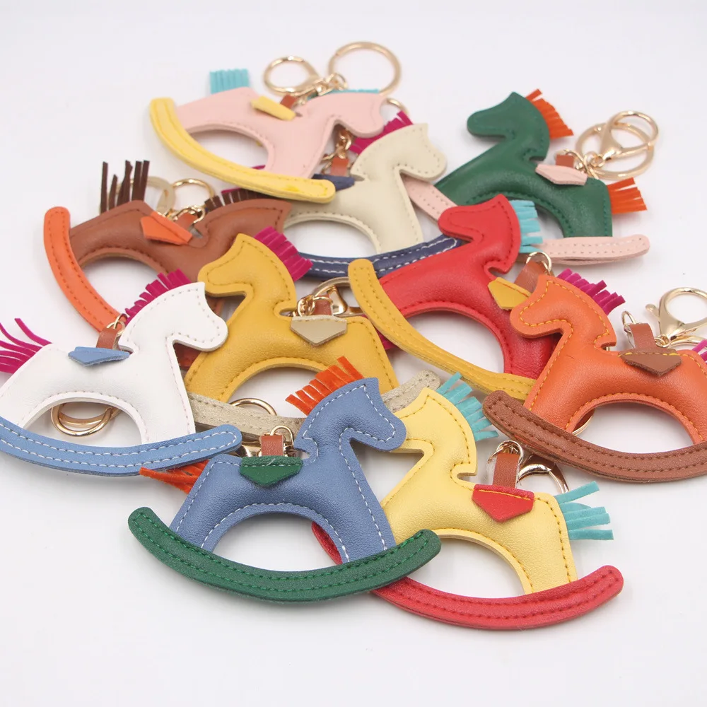 Elegant Leather Rocking Horse Keychain - Classic Cartoon Pony Charm