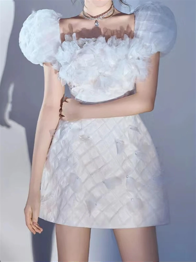 

Vintage Solid Party Lace Boho 2023 Sexy Summer Elegant Short Sleeve Woman Dresses Women Embroidery Mesh Dress White Female Robe