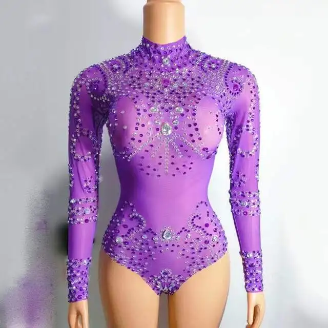 

Nightclub Bar Dj Ds Tight One-Piece Party Dress Women Gogo Dancers Festival Wear Multicolor Sexy Rhinestone Bodysuit