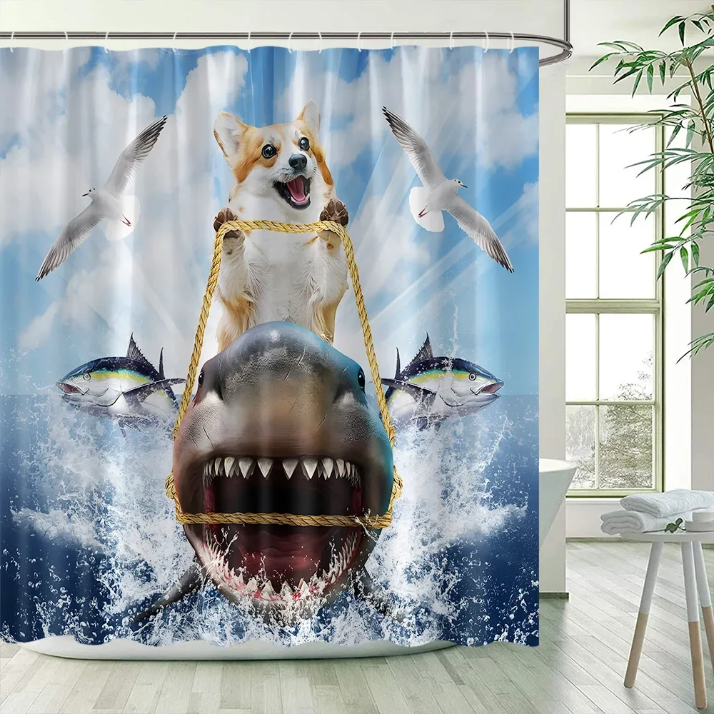 Funny Shower Curtains shower curtains Cat Riding Shark Ocean Birds Sea Waves for Kids Bathroom