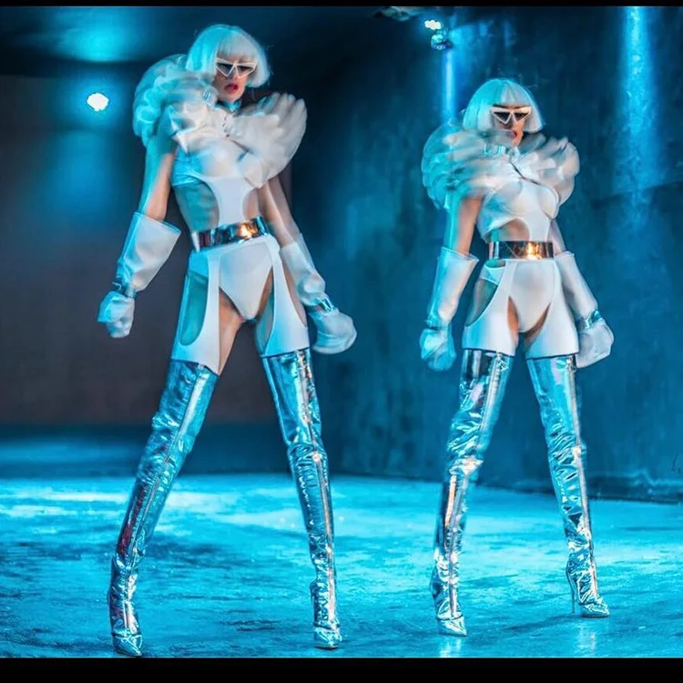 

Gogo танцевальная одежда для фестиваля искусственная Обложка для ночного клуба женский певец белый комбинезон костюм для сценических представлений костюмы