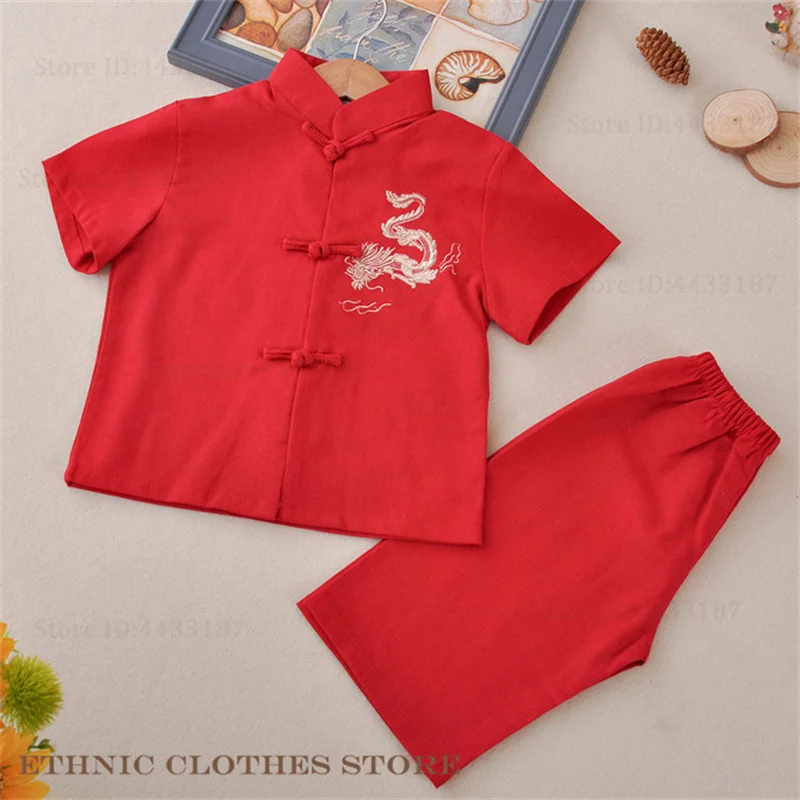 Kids Chinese Tang Suit Traditional Embroidery Dragon Hanfu Clothing New Year's Costume Cotton Linen Short Sleeve Shorts Set