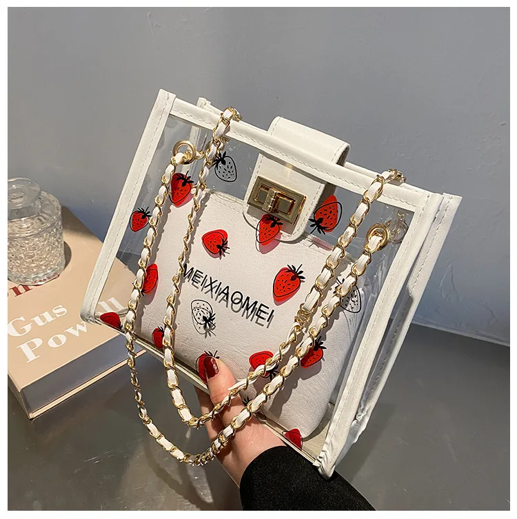 Borsa trasparente alla moda per donna Borsa a tracolla da donna da viaggio trasparente in PVC con borsa Borsa tote ecologica fragola di grande capacità_voghion.com