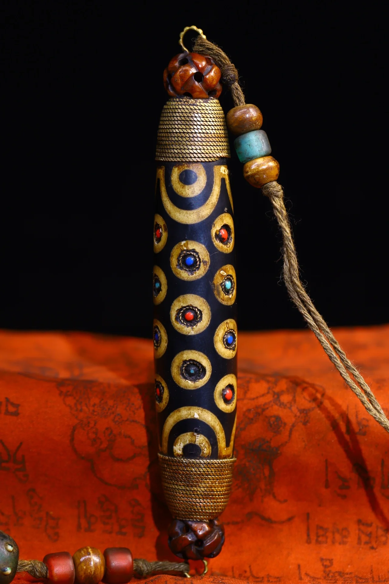 

5"Tibetan Temple Collection Old Natural Agate Tibetan Silver Filigree Mosaic Gem gZi Beads Buddha Beads Town House