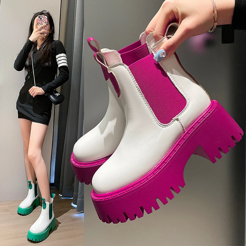 

Women's Chunky Platform Chelsea Ankle Boots Mix Color Thick Bottom Booties Woman Slip on Pu Leather Motorcycle Shoes