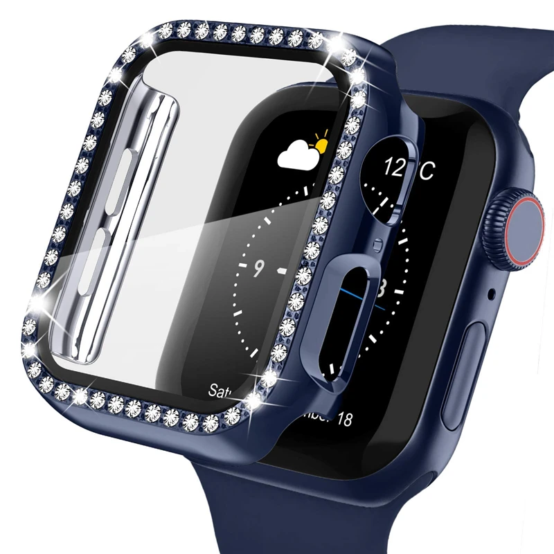 

Bling Glass+Cover for Apple Watch Case 45mm 41mm 44mm 40mm 38mm 42mm Diamond Bumper Screen Protector iwatch Series 7 6 SE 5 4