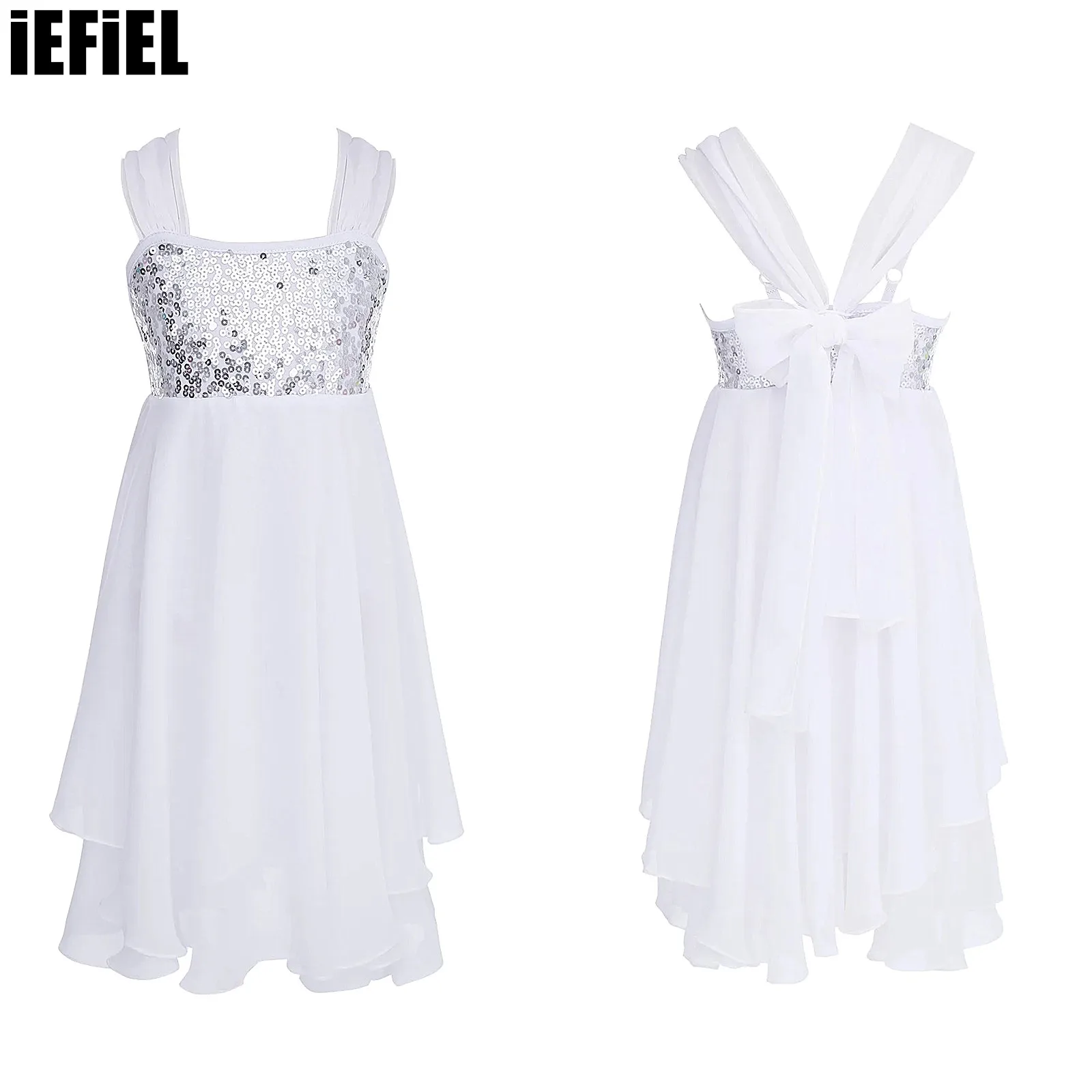 

Girls Sequins Chiffon Dance Dress Adjustable Shoulder Straps Ballet Dance Gymnastics Leotard Dress