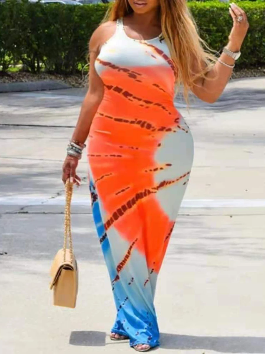 

LW Plus Size Print Patchwork Multicolor Floor Length Dress Sleeveless Slim Sexy Maxi Dress summer Women Bodycon Elegant dress