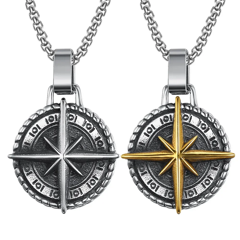 

CHUANGCHENG Stainless Steel Compass Necklace Vintage Personalized Navigator Cross Pendant Necklace for Men's Chains