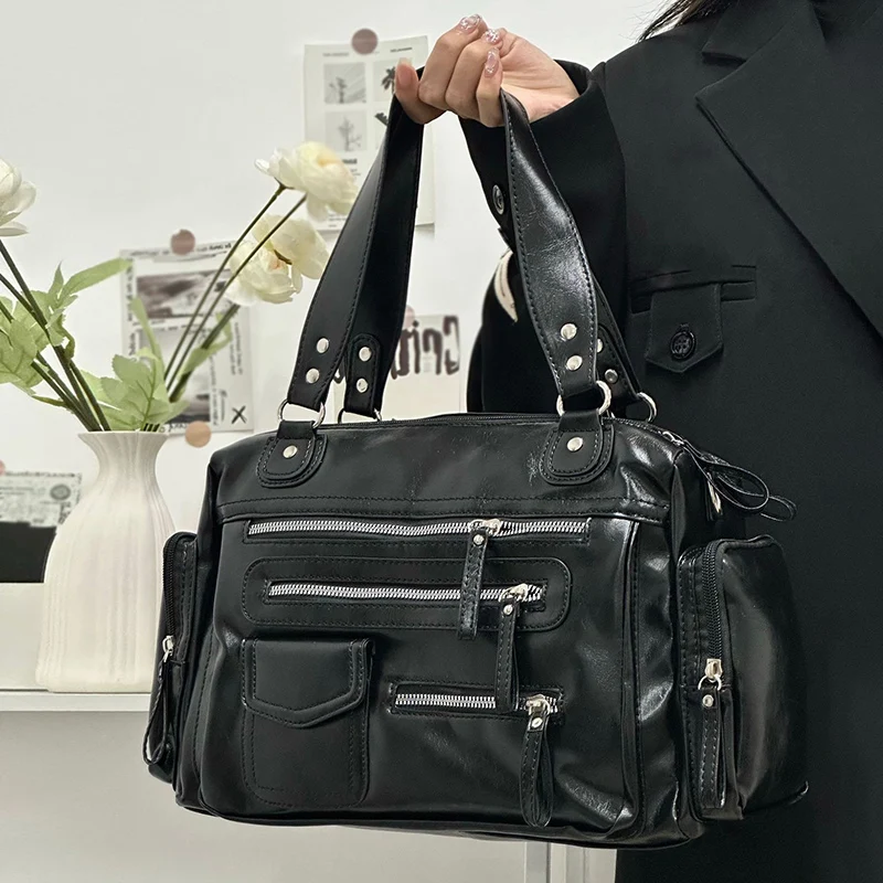 Retro Tote Bag PU Soft Motorcycle Bags Travel Zipper Pocket Fashion Crossbody Pack Outdoor Camping Hiking Weekend Satchel Women, storage bag, travel bags, leisure bag, canvas tote bag