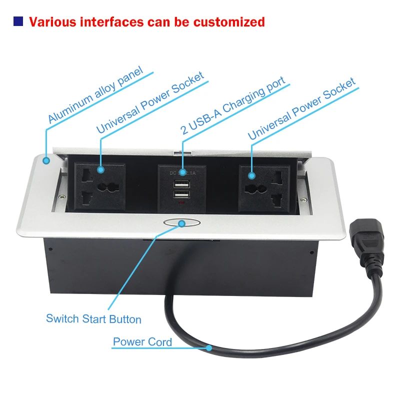 Regleta de alimentación empotrada con toma de corriente USB de montaje  empotrado para escritorio, cable de extensión de alimentación integrado  para