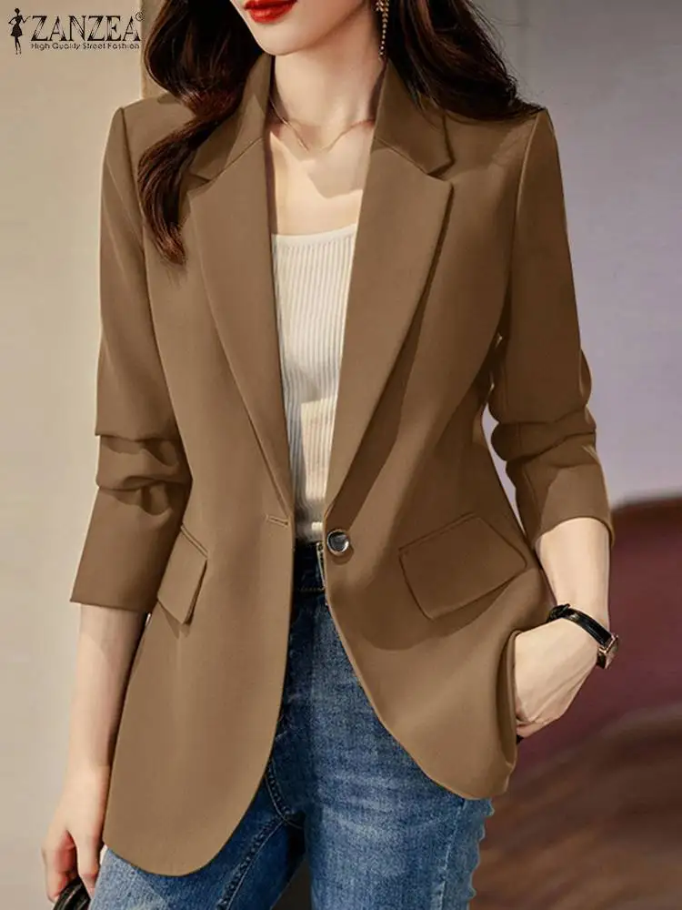 

ZANZEA Vintage Lapel Neck Blazer Woman Long Sleeve Buttons Up Outwear Autumn Casual Solid Jackets Fashion OL Work Suits 2023