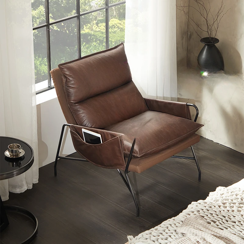 

Nordic Designer Genuine Leather Couch Vintage Distressed Oil Wax Leather Light Luxury Post-Modern Single Sofa