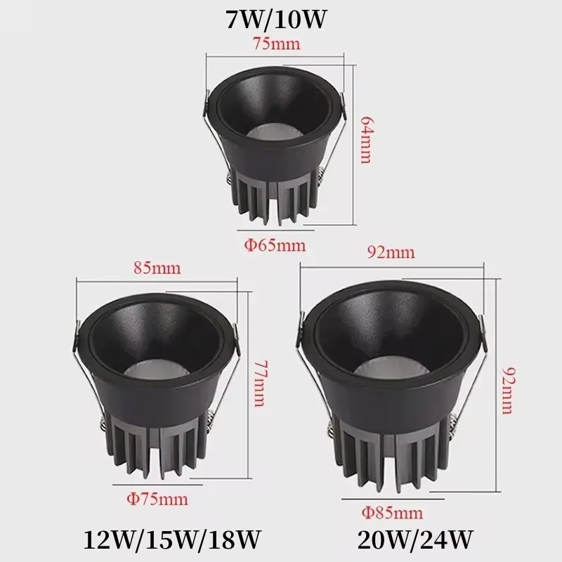 Round Anti-Glare Recessed LED COB Downlight 7W 10W 12W 15W 18W 20W 24W LED aluminum ceiling light AC 110V /220V indoor lighting