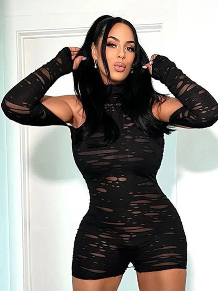 Sibybo Ladies Jumpsuit Sexy Off-the-shoulder Long-sleeved Mesh Playsuit Solid Color Turtleneck Casual Shorts Fall Women Clothing