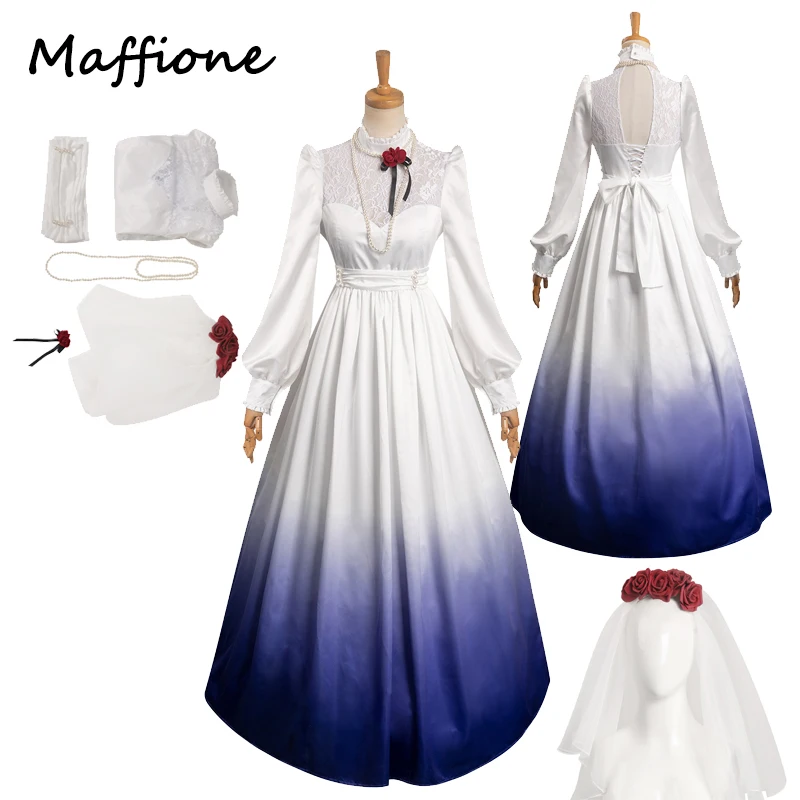 

Ghost Bride Dress Constance Hatchaway Cosplay Women Costume Veil Skirts White Wedding Headdress Necklace Halloween Party Suit