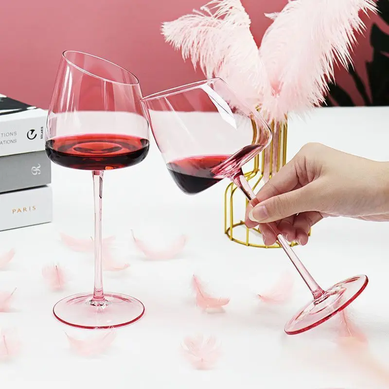 

Slanted Flamingo Red Wine Glass Cup Lead-free Crystal Goblet Pink Burgundy Glass Cup High-value Household Champagne Glass Cup