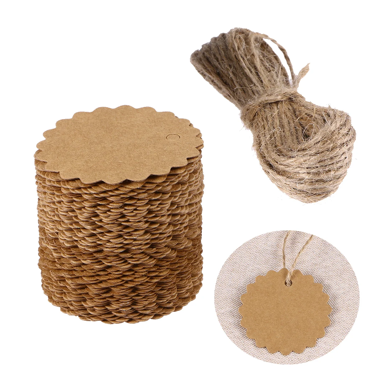 

60mm Round Scalloped Kraft Paper Card / Gift Tag / DIY Tag / Luggage Tag / Price Label With 10M Jute Twine (Brown)