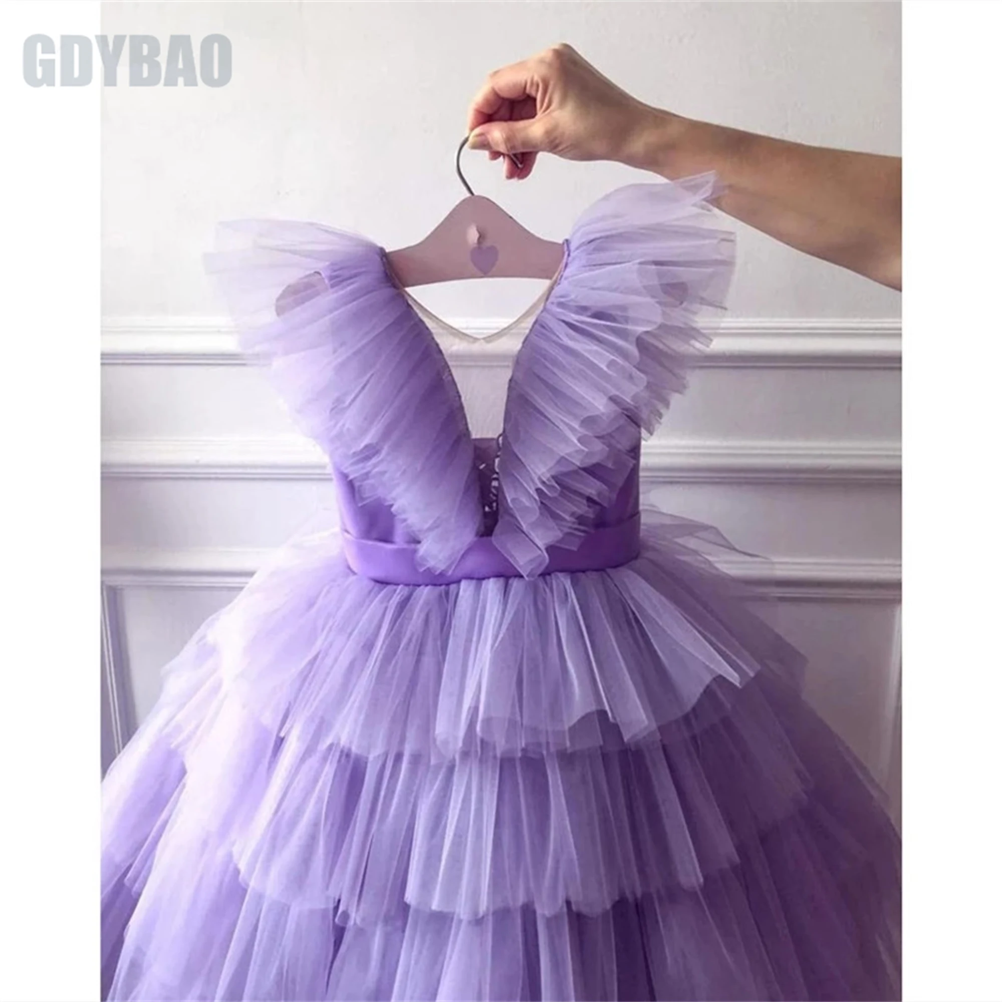 FEESHOW Girls' Flutter Sleeve Chiffon Flower Girl Dress - Lavender Long Gown For Weddings & Parties - View #4