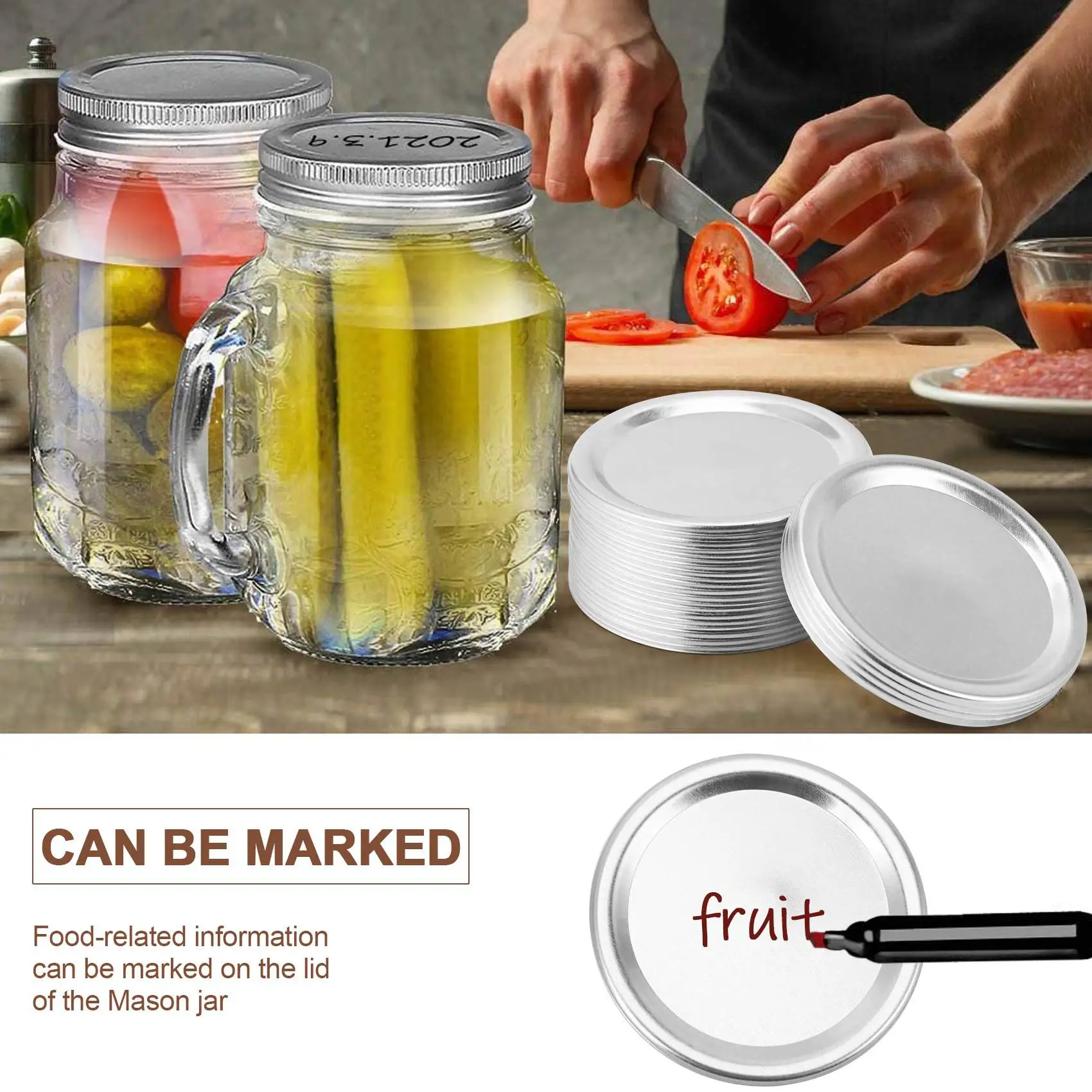 Regular Mouth 70MM Mason Jar Canning Lids Reusable Leak Proof Split-Type Silver Lids with Silicone Seals Rings 100 Pcs
